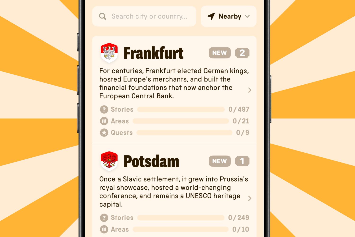 The cities list in the app, with Frankfurt and Potsdam