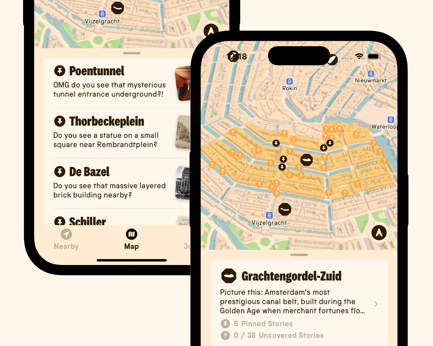 The 3D map showing a neighbourhood and its pinned stories