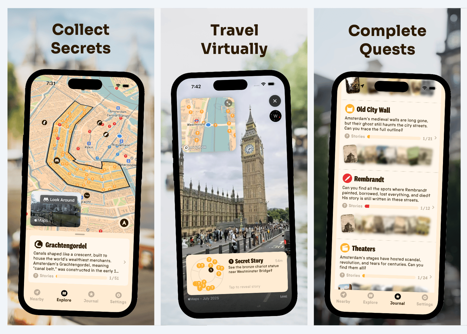 Screenshots of the app showcasing virtual travel, collecting secrets, and completing quests in various cities