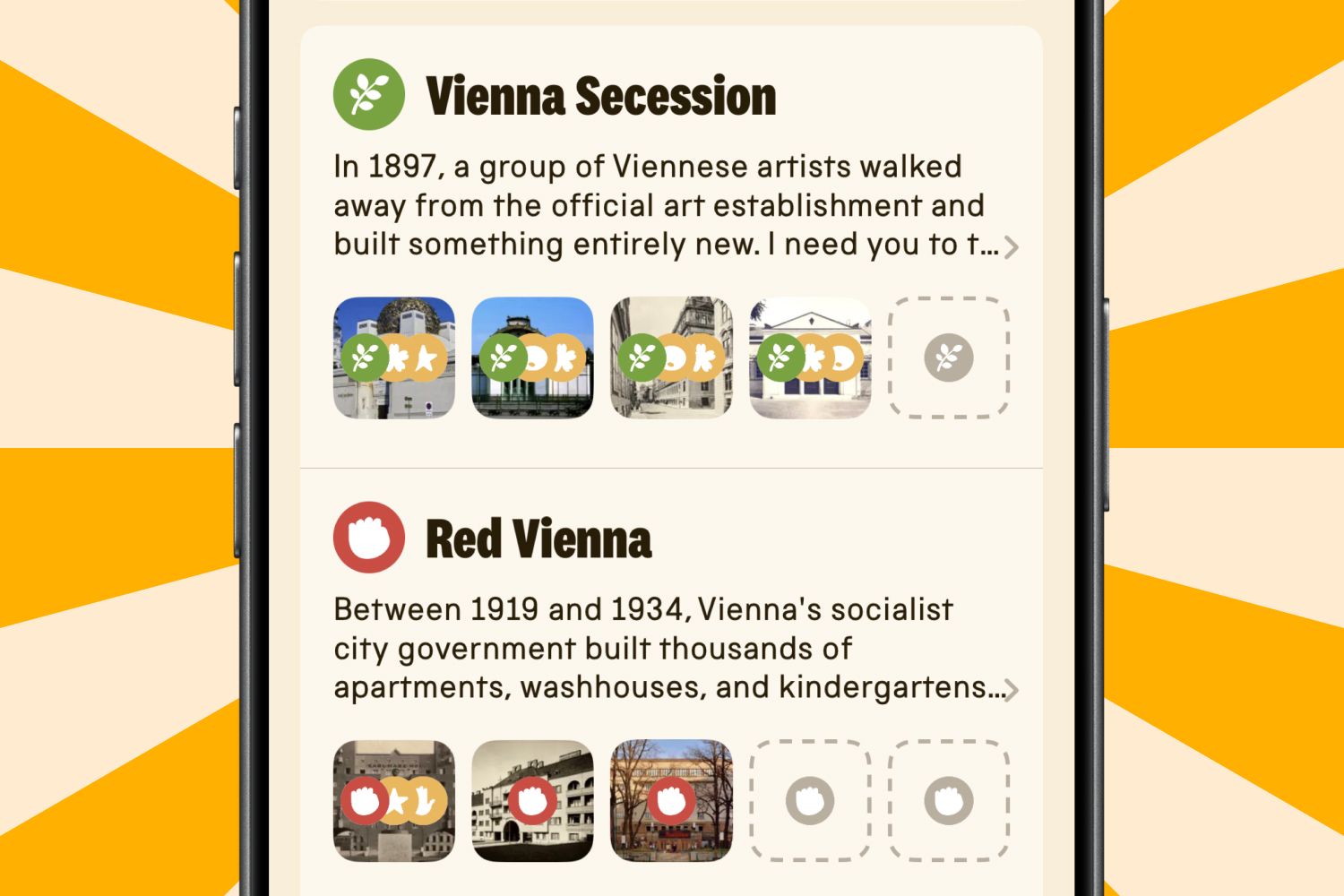 The 'Vienna Secession' and 'Red Vienna' quests, with the collected stories for each
